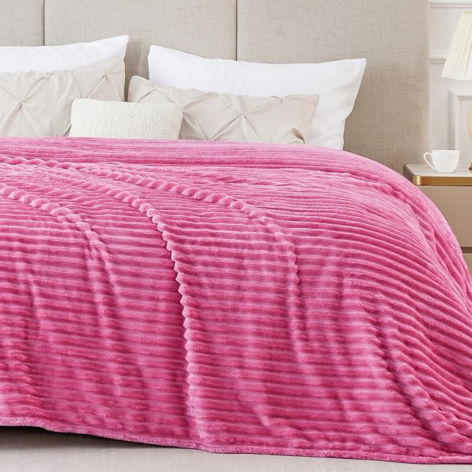 BEDELITE 3D Ribbed Jacquard Hot Pink King Size Blanket for Bed, 108x90 Inch | Soft Warm Decorative Fluffy Blanket, Cozy Fuzzy Lightweight Plush Fleece Throw Blankets for Bed, Room Decor, Gift for Women