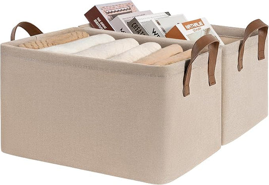 CHICVITA Fabric Storage Bins for Shelves, Metal Frame, 2-Pack, Brown | 20L, 14 ¾" L x 10 ¼" W x 8 ¼" H, Collapsible Design, Towels, Toys & Books Storage, Closet & Living Room Organization