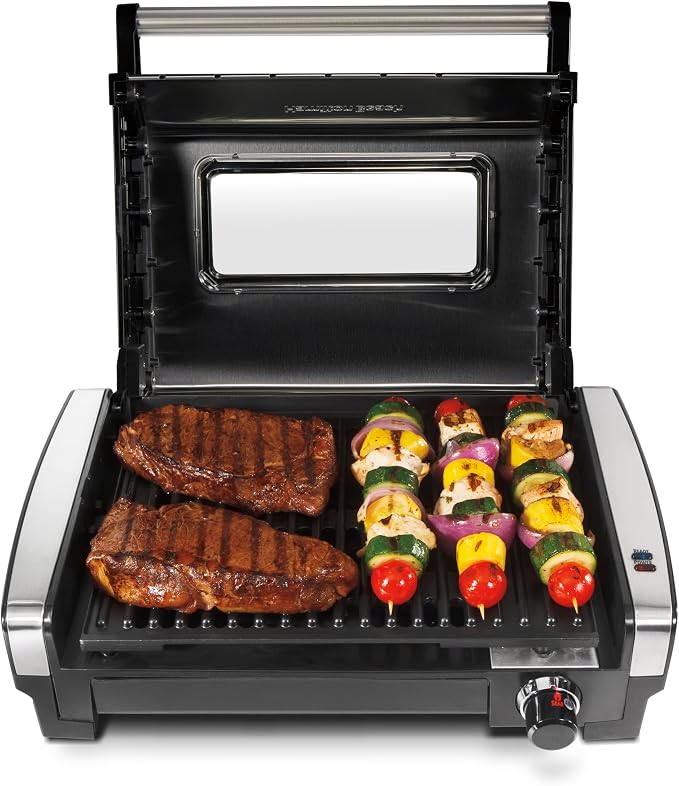 Hamilton Beach Electric Indoor Searing Grill With Lid & Viewing Window | Adjustable Temperature Control To 450°F | 118 sq. in. PFAS-Free Removable Non-Stick Cooking Surface | Stainless Steel