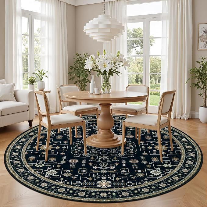 Round Area Rug for Living Room: 4 ft Washable Vintage Boho Soft Thin Circle Rug Indoor Floor No Slip Stain Resistant Carpet for Bedroom Dining Room Farmhouse Nursery Home Office - Black