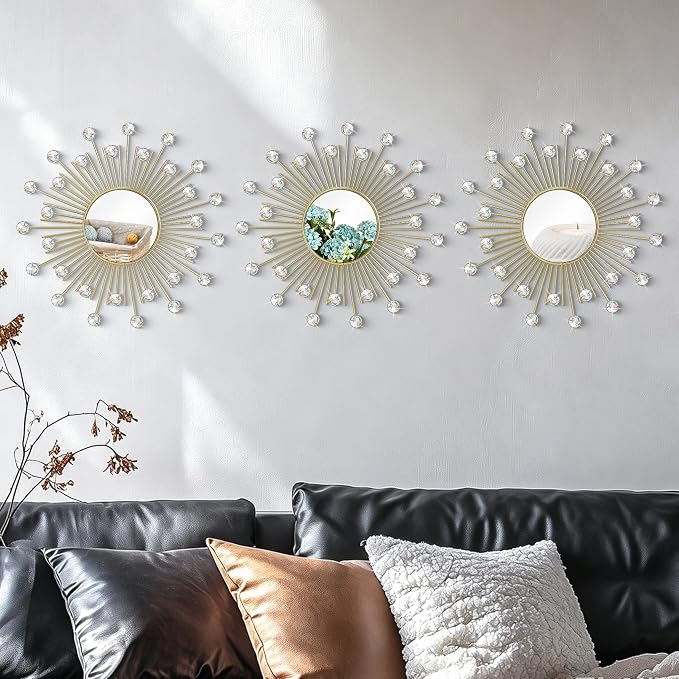3 Pack Metal Mirrors for Wall Sunburst Wall Mirrors Home Décor Decorative Hanging Wall Art for Living Room Bedroom Entryway (Gold2 Crystal, Sunburst)