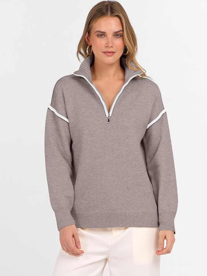 ANRABESS Womens Quarter Zip Sweaters Fall Long Sleeve V Neck Shirts Collared Business Casual Tops Knit Pullover Sweatshirts