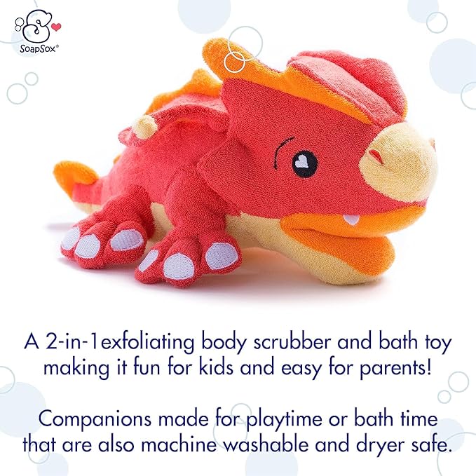 SoapSox Kids Exfoliating Bath Scrub (Scorch The Dragon) - Soft Animal Toy Wash Cloth Sponge with Soap Pocket Insert - Fun Loofah Characters for Babies, Kids and Children