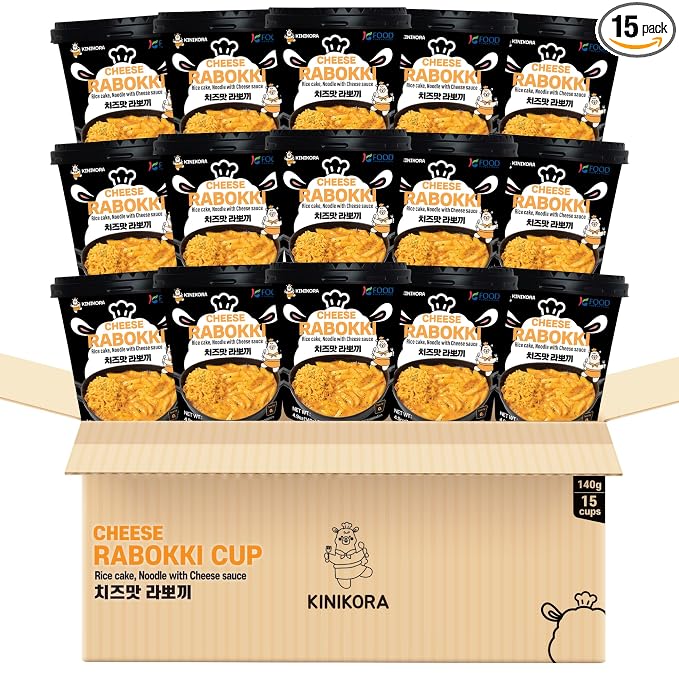KINIKORA Cheese Instant Rabokki Cup 15-Pack Box, Korean Tteokbokki & Ramen | Topokki style Korean street food, Chewy rice cakes with ramen, Quick 3.5 min microwave cup meal