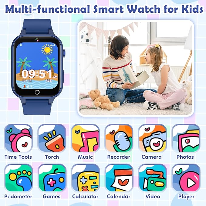 Smart Watch for Kids, with 26 Puzzle Games, Touch Screen, HD Camera, Alarm Clock, Toys for Ages 4-12 Years Old.Birthday Gift for Boys Girls (Blue)