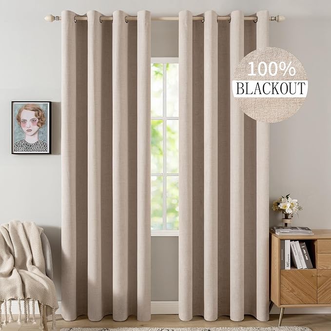 MIULEE Linen Textured Curtains Solid 100% Blackout for Bedroom Thermal Insulated Natural Beige Grommet Room Darkening Curtains & Drapes Luxury Decor for Living Room 52 x 72 Inch (2 Panels)