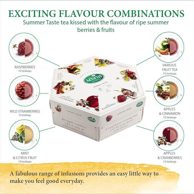 ACORUS Summer Taste Tea Set - Natural Assorted Tea Hamper Box Gift Set, Large Selection Box 60 Teas Bags, 6 Fruit and Berry Flavour Sampler, Perfect for Refreshing Iced Drinks