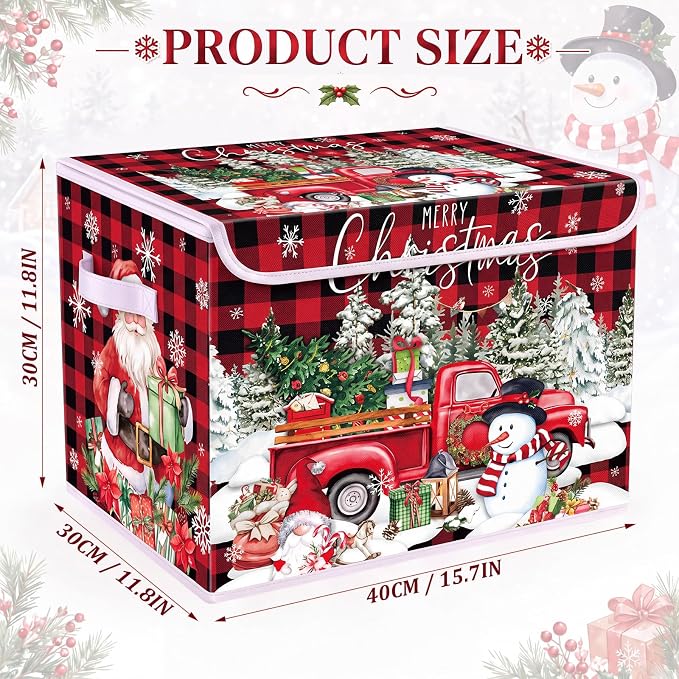 Briwooody Christmas Storage Bin with Lid and Carrying Handle Red Buffalo Plaid Christmas Foldable Storage Box Large Snowman Collapsible Container Basket for Organizing Closet Home Bedroom Xmas Gift