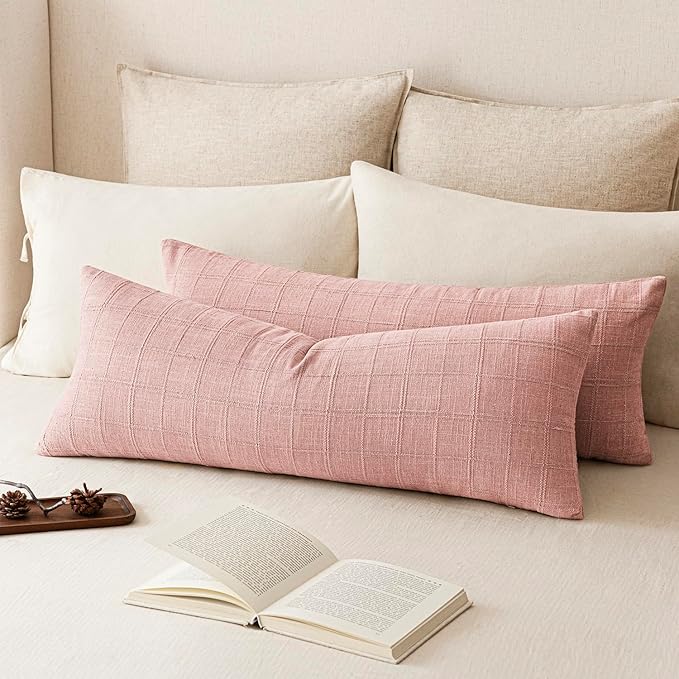 Foindtower Set of 2 Decorative Linen Check Throw Pillow Covers Neutral Farmhouse Vintage Cushion Covers Cozy Modern Boho Accent Home Decor for Sofa Chair Couch Bed Living Room,14×36 Inch,Light Pink