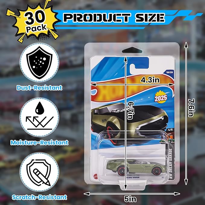 30 Pack Clear Protector Cases for Hot Wheels Storage, Clamshell Plastic Cases for 1:64 Scale Models Hot Wheels Display, 0.6mm Thick PET Vehicle Blister Pack Cover Cases