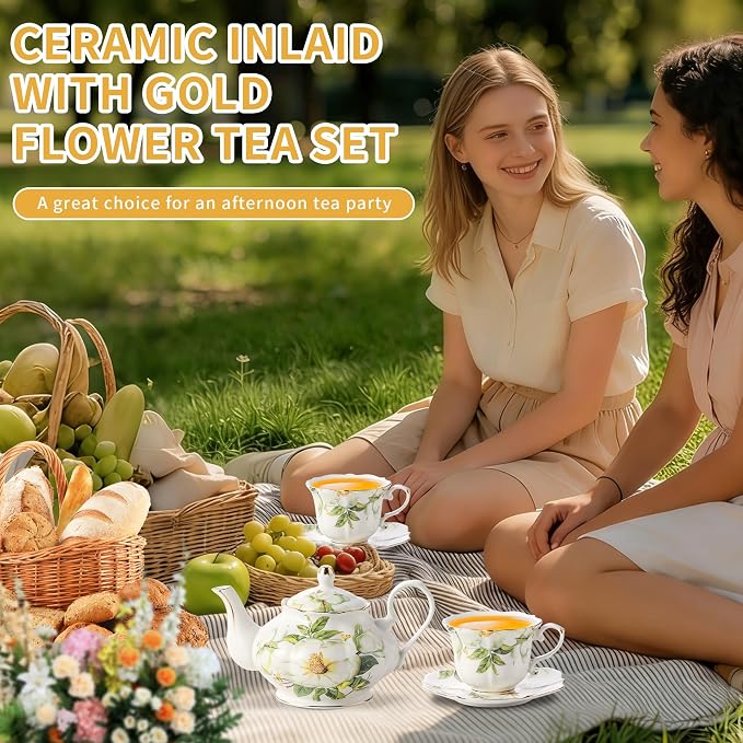 TATSUMI Country Roses Porcelain Tea Set, European Ceramic tea set for one or two,Vintage Style, For Women and Tea Parties (Green, 7 Pieces Set)