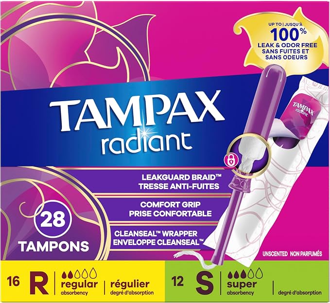 Tampax Radiant Tampons Multipack with Leakguard Braid, Regular/Super Absorbency, with Leakguard Braid, Unscented, 28 Count (Pack of 2)