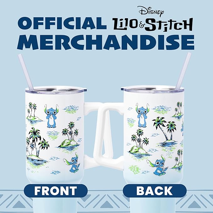 Silver Buffalo Disney Lilo and Stitch Vintage Sketch Palm Trees and Flowers Double Walled Stainless Steel Tumbler with Handle and Straw, Fits in Standard Cup Holder, 40 Ounces