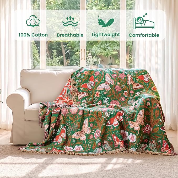 MSGKV Boho Throw Blanket 60"x80" 100% Cotton Butterfly Throw for Couch | 100% Cotton Throw, Butterfly Pattern, Reversible Woven, Lightweight Comfort, Farmhouse Decor, All Seasons, Machine Washable