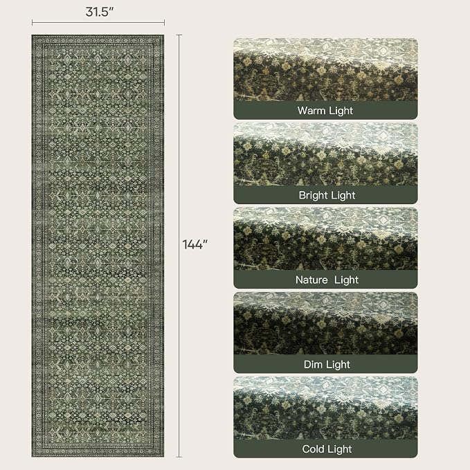 2'6"x12' Area Rugs for Hallways, Green Washable Non-Slip Kitchen Runner Rug | Low Pile Runner Rugs, Soft Carpet for Kitchen Bathroom Bedroom Laundry, Stain Resistant Foldable Vintage Distressed Rug