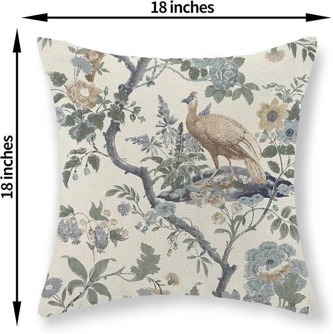 Chinoiserie Pillow Covers 18x18 Set of 2 Blue Bird Floral Throw Pillows Vintage Blue Green Flowers Decorations Outdoor Pillowcase Chinoiserie Decor Farmhouse Cushion Case for Couch Home