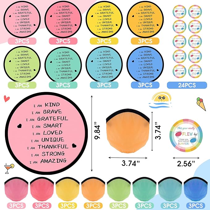 End of the Year Gifts for Students Bulk Foldable Flying Disc Fans Set with Stickers Bags, End of Year Student Gifts from Teacher Beach Fun Folding Pocket Hand Fans for Outdoor Activities Games
