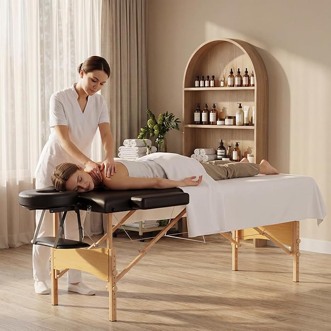 Brelley Massage Table Portable Wooden Lash Bed Adjustable Height 2-Fold Spa Table Foldable Tattoo Bed (Black)