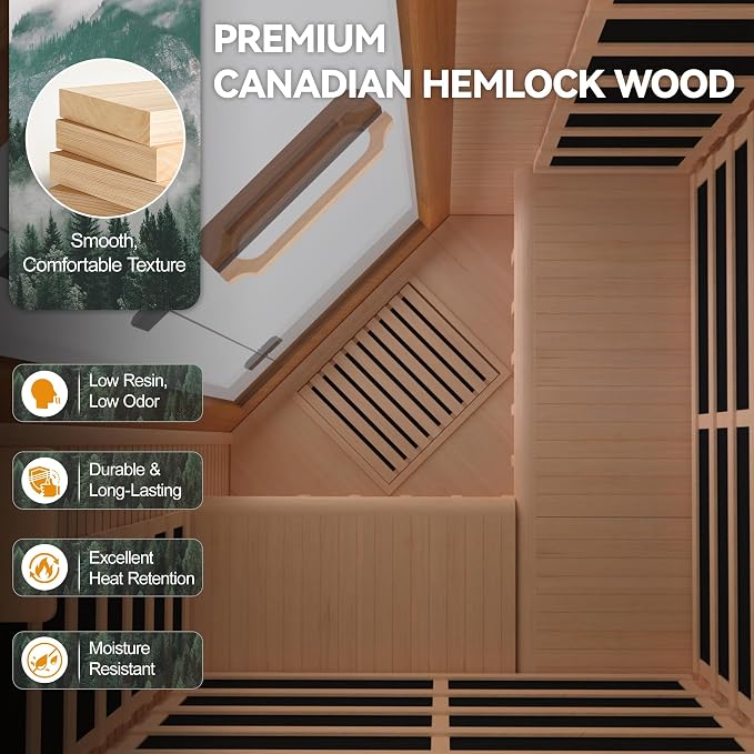 HUGROVE 2-3 Person Low EMF FAR Infrared Sauna for Home, Indoor Canadian Hemlock Dry Heat Sauna Kit with Bluetooth Speakers, LED Lights & Smart Control Panel