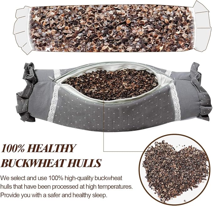 Buckwheat Neck Roll Pillow, Buckwheat Hulls Filling for Neck Support and Pain Relief, Cylinder Round Pillow for Sleeping and Bed (16x4 Inch, Gray)
