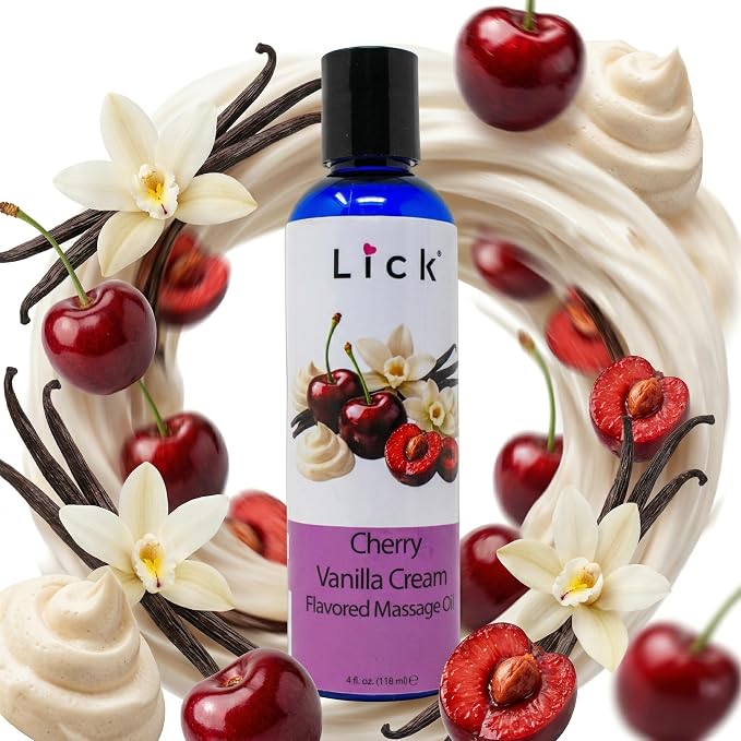 Lick Cherry Vanilla Cream Flavored Massage Oil – Tropical Edible Massage Oil with Sweet Almond Oil & Vitamin E, Hydrating Body-Safe Formula for Relaxing Couples Massage, 4 oz