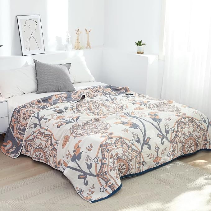 LUTBM Boho Throw Blanket for Bed 60"x80", 100% Cotton Cozy Couch Blankets | Reversible Floral Jacquard, All-Season Quilt, For Chair Sofa Living Room, Lightweight & Breathable Gauze, Vintage Home Decor