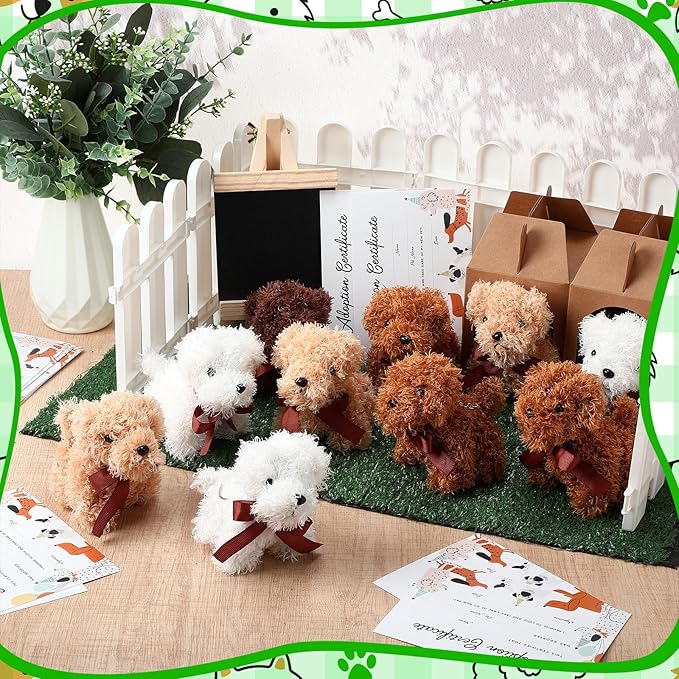 84 Pcs Adopt a Pet Party Favors 24 Mini Plush Stuffed Animals 10 White Plastic Fence 24 Paper Gift Boxes 24 Adoption Cards with Mini Chalkboard and Artificial Lawn(Puppy)