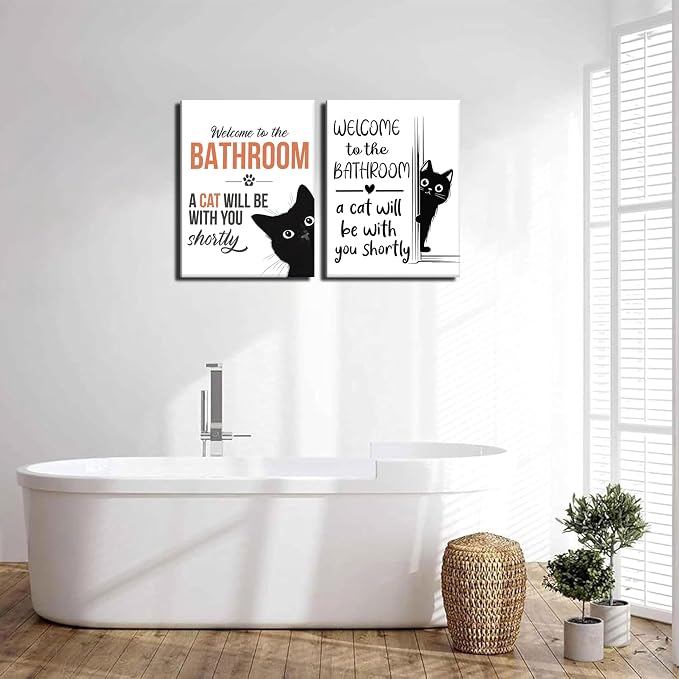 MUWAK Funny Welcome to the Bathroom Slogan Wall Art Set of 2 – Cat will Be With You Shortly Canvas Prints, Funny Bathroom Sign Pictures Wall Decor for Restroom, Washroom – 12x16in