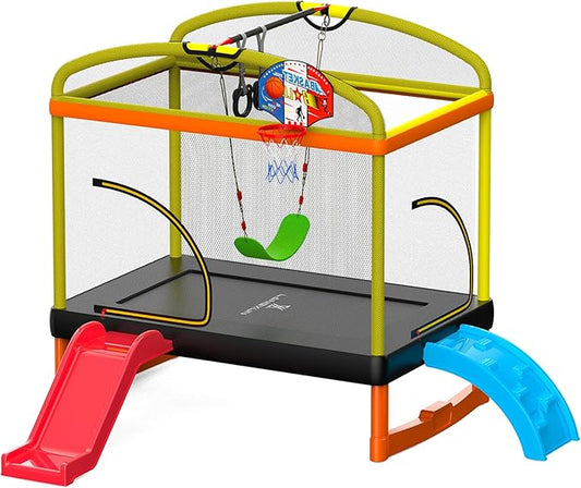 6.5ft Climb Slide Swing 7-in-1 Mini Rectangular Trampoline for Kids | Birthday Gift for Girls and Boys, Indoor Outdoor Toddler's Trampoline with Safety Net Enclosure, Padding, Zipper