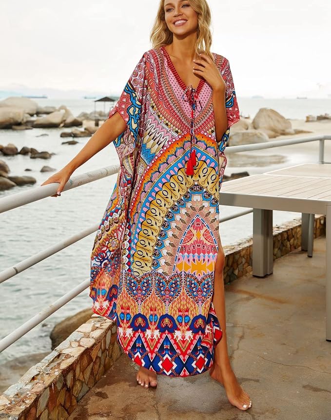 Venasha Womens Caftan Floral Print Kaftan Dress Short Sleeve Swimsuit Cover up Loungewear for Summer