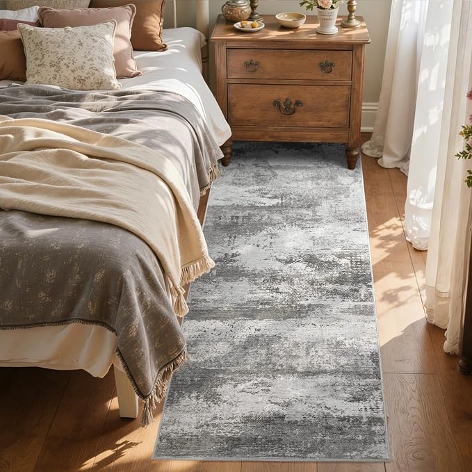 2x6 Ft Washable Runner Rug, Non-Slip Low Pile Hallway Kitchen Area Rug, Soft Abstract Long Entryway Floor Mat Print Pattern Carpet for Bedside & High-Traffic Areas (Grey)