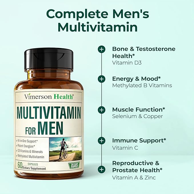 Methylated Multivitamin for Men with Bioavailable Vitamins, Chelated Minerals, Vitamin D, B12, C, A & Zinc for Energy, Focus and Immune Health – Premium Mens Multivitamins & Multiminerals – 60 Caps