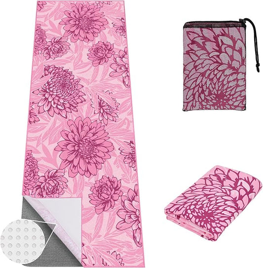 Yoga Towel Hot Yoga Mat Towel with Corner Pockets, 74 x 26 inch, Non-Slip Sweat-Absorbent Soft Microfiber Yoga Blanket for Pilates, Fitness and Workout, Pink