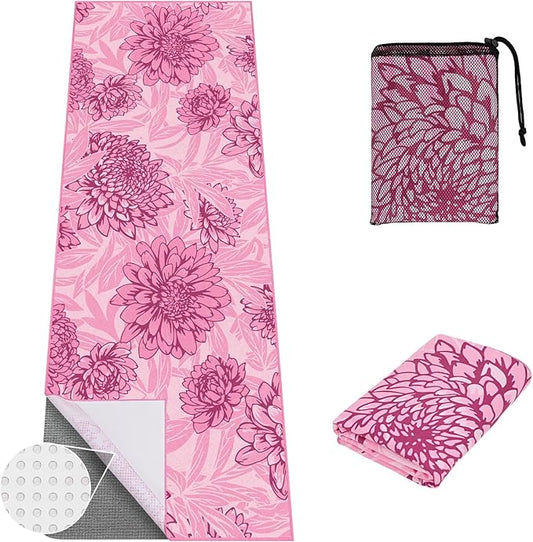 Yoga Towel Hot Yoga Mat Towel with Corner Pockets, 70 x 26 inch, Non-Slip Sweat-Absorbent Soft Microfiber Yoga Blanket for Pilates, Fitness and Workout, Pink