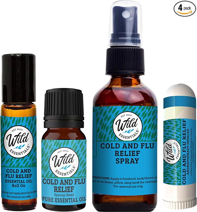 Wild Essentials Cold and Flu Relief 4-Piece Bundle – Inhaler, Roll-On, Spray & Essential Oil for Congestion, Respiratory Support & Comfort- USA Made