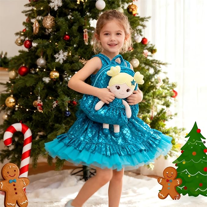Lazada Toddler Backpack - Baby Girl Gifts Plush Doll Dress Backpack - Fashion Girls Tina Fish Scale Series - Blue 11Inches