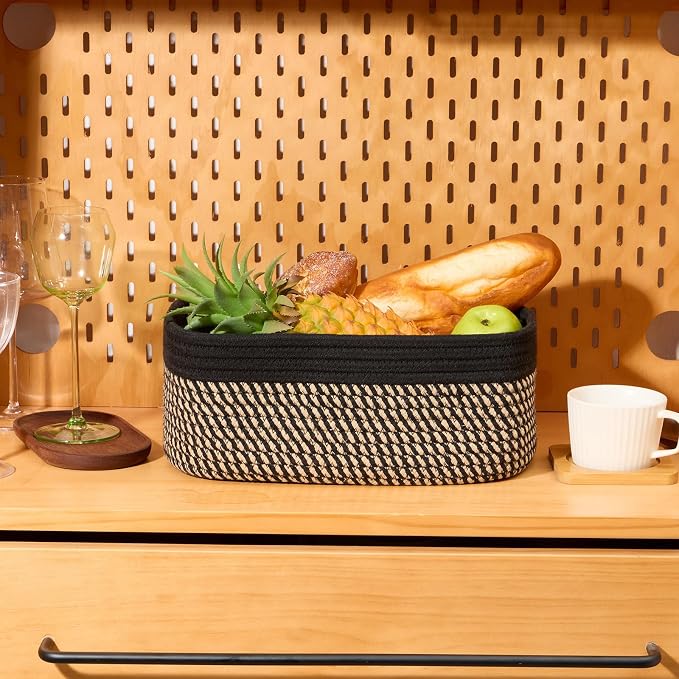 MiniArk Small Storage Baskets for Organizing | Closet Organizer Bins | Shelf Toy Basket | Woven Rope Baskets | Cube Decorative Box | Shallow Basket | 13x8.5x5.1” | 4 Packs Black Brown