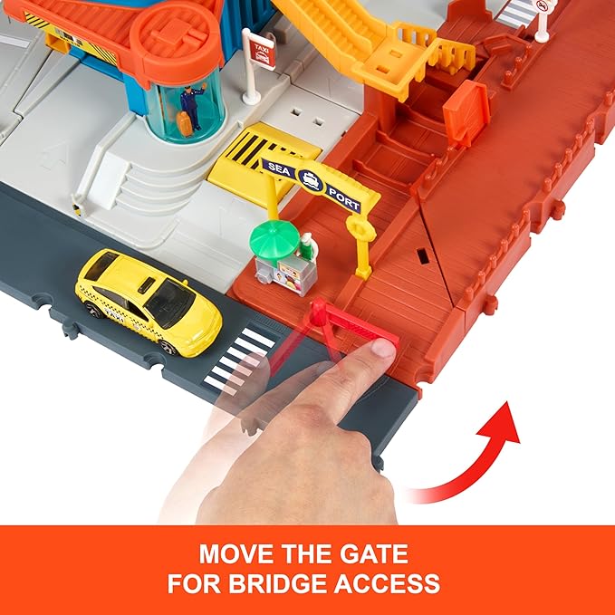 Matchbox Toy Vehicles & Playset, Transportation Center with 5 Levels, Kid& Car-Activated Features, Includes 1:64 Scale Taxi, Boat & Helicopter & Food Vendor Accessory