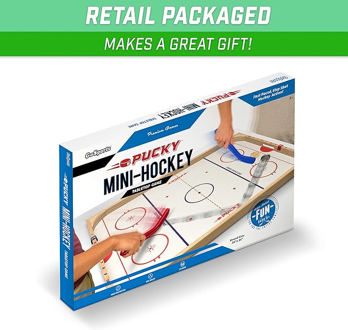 GoSports Hockey Ice Pucky Wooden Table Top Hockey Game for Kids & Adults - Includes 1 Game Board, 2 Hockey Sticks & 3 Pucks