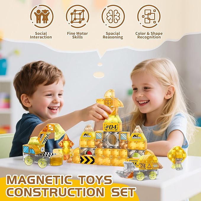 cossy Magnetic Blocks, 3D Building Construction Toys, Multi Shape Building Blocks Boys Toys Ages 3-5 5-7 8-10 with Magnetic Cars, STEM Kits, Learning & Education, Creative, Engineering Set, Truck