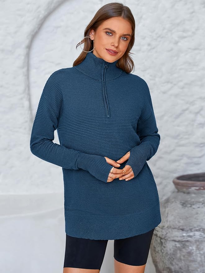 PRETTYGARDEN Womens Long Sleeve Quarter Zip Pullover Sweater Casual Loose V Neck Collared Ribbed Knit Jumper Tops Thumb Hole