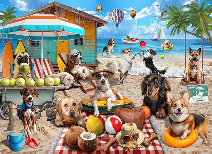 1000 Piece Jigsaw Puzzle for Adults - Dog Days at The Beach, Vacation Scene with Coconut Hut, Hot Air Balloons, and Playful Details, Fun and Challenging Jigsaw by Naturelish, 26.65 x 19.25 in
