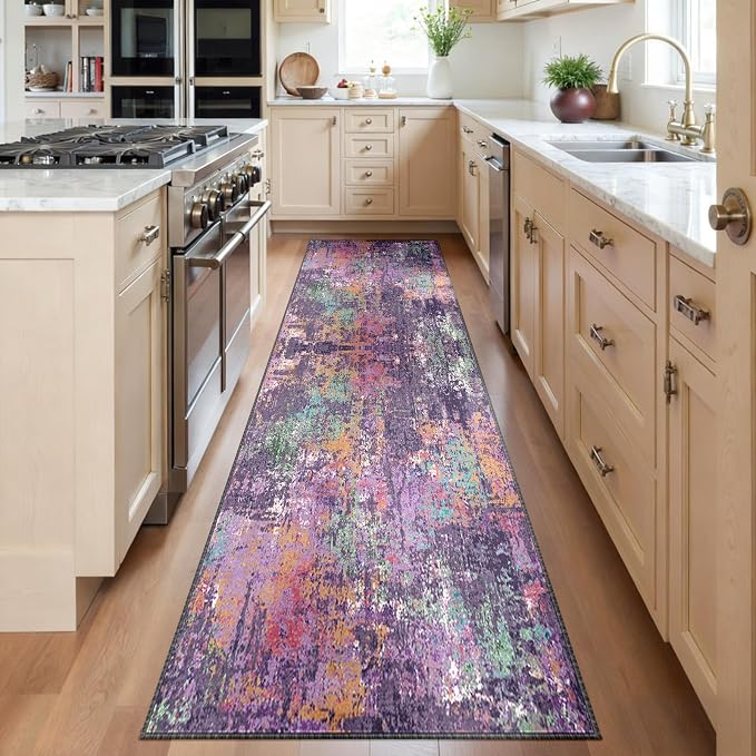 RELEANY Washable Runner 2'x6' Abstract Area Rug for Hallway Purple Multi | carpet for kitchen, entryway, bathroom, living room, bedroom, printed pattern, non-slip, soft, stain-resistant, easy to clean