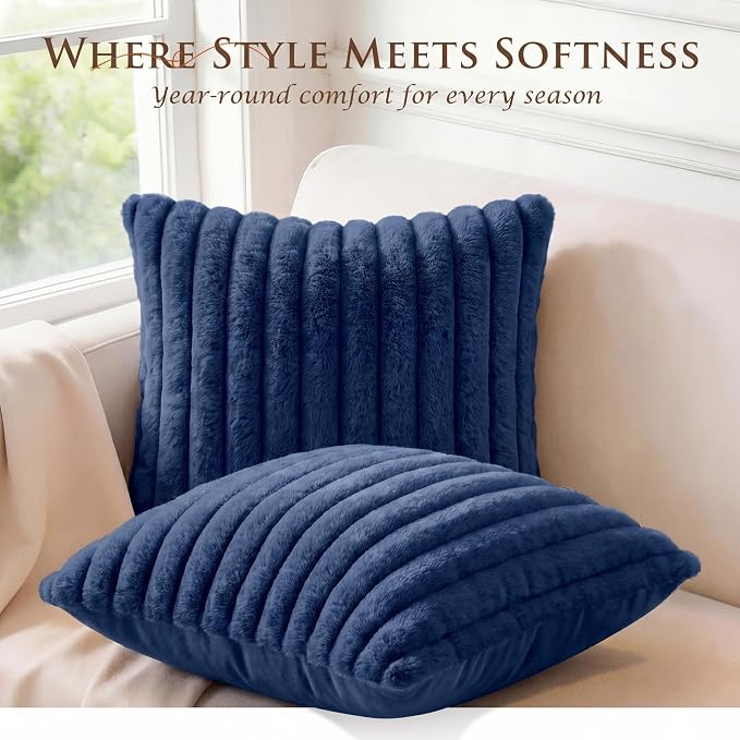 Pack of 2 Throw Pillow Covers 18x18 Decorative Solid Plush Faux Fur with Soft Velvet Back, Square Striped Cushion Cases Modern Farmhouse Home Decor for Living Room Couch Sofa Bed Navy Blue