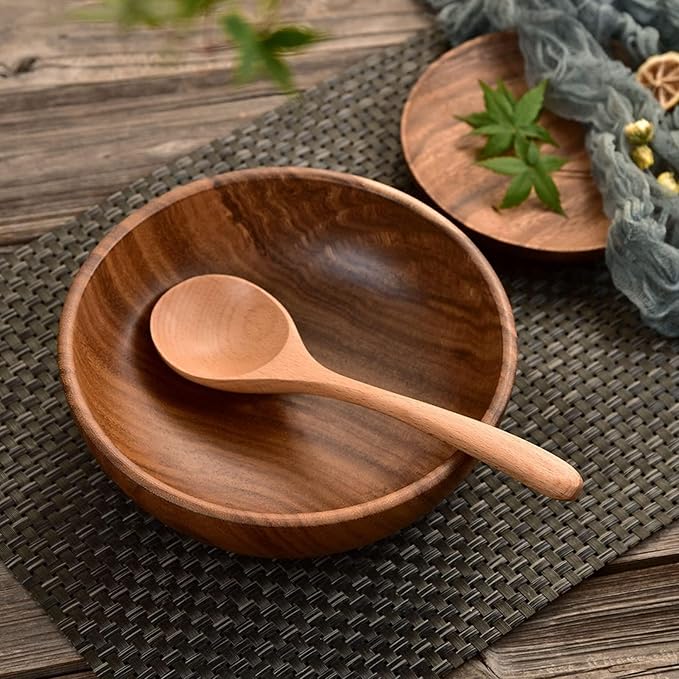 Soup Spoons,5PCS Wooden Spoons for Eating Wood Long Handle Rice Dessert Cooking Tasting Dinner Table Spoon Soup Spoons Asian Soup Spoon (Wood)