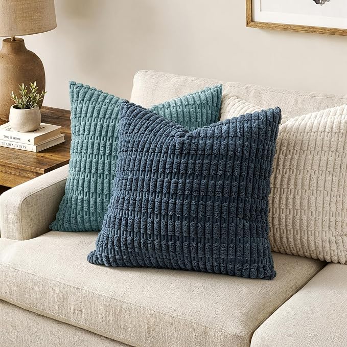 MIULEE Corduroy Decorative Throw Pillow Covers 18x18 Blue Pack of 2 | Soft Boho Striped Pillow Covers Modern Farmhouse Coastal Home Decor For Sofa Living Room Couch Bed