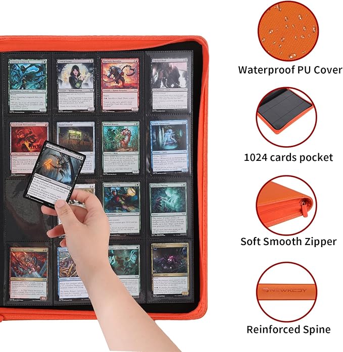 Snekdy premium 1024-pocket trading card binder, Card Albums 16 pockets, waterproof PU-leather Cover album with side loading, holds gaming, baseball (Orange)