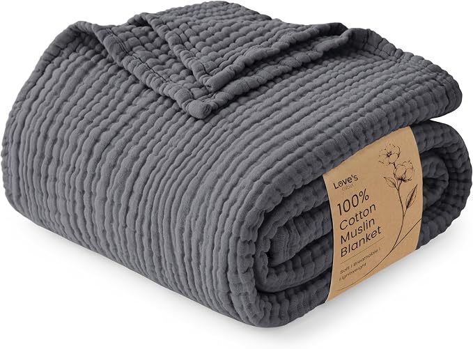 Love's cabin 100% Cotton Muslin Blanket, 6 Layer Lightweight Breathable Gauze Twin Size Blanket 60 x 80 Inches, Soft Summer Blanket for Bed or Couch, Dark Grey
