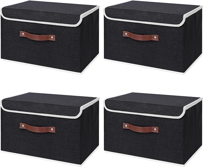 ANMINY Fabric Storage Box Bins with Lids, Black, 13"x9"x7.9", 4 Pack | Keepsake Memory Storage, Cotton Linen, PP Board Reinforced, Washable, PU Handles, Foldable & Stackable, Decorative, Medium
