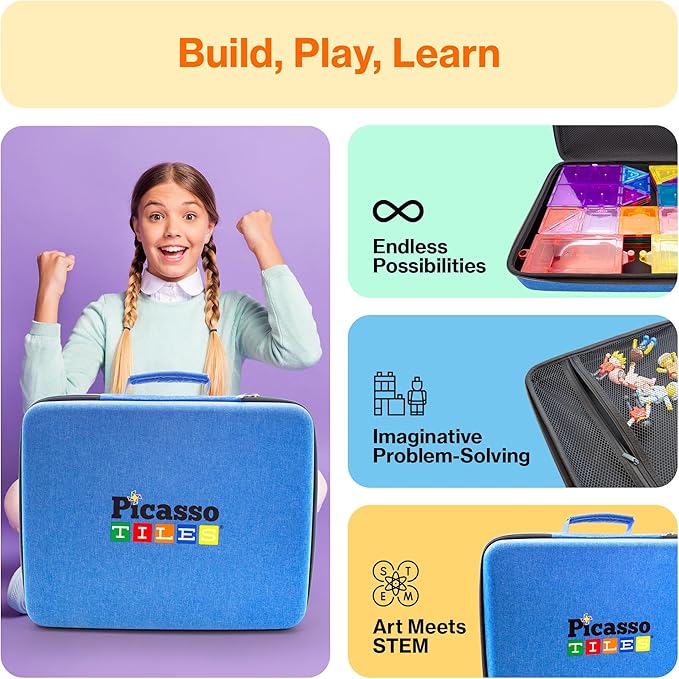 PicassoTiles Toy Carry Case Storage Box Organizer Portable Travel Bag in Water Resistant Oxford Cloth for Kids Magnetic Tiles STEM Construction Block Sets Accessories Character Action Figures PTA101